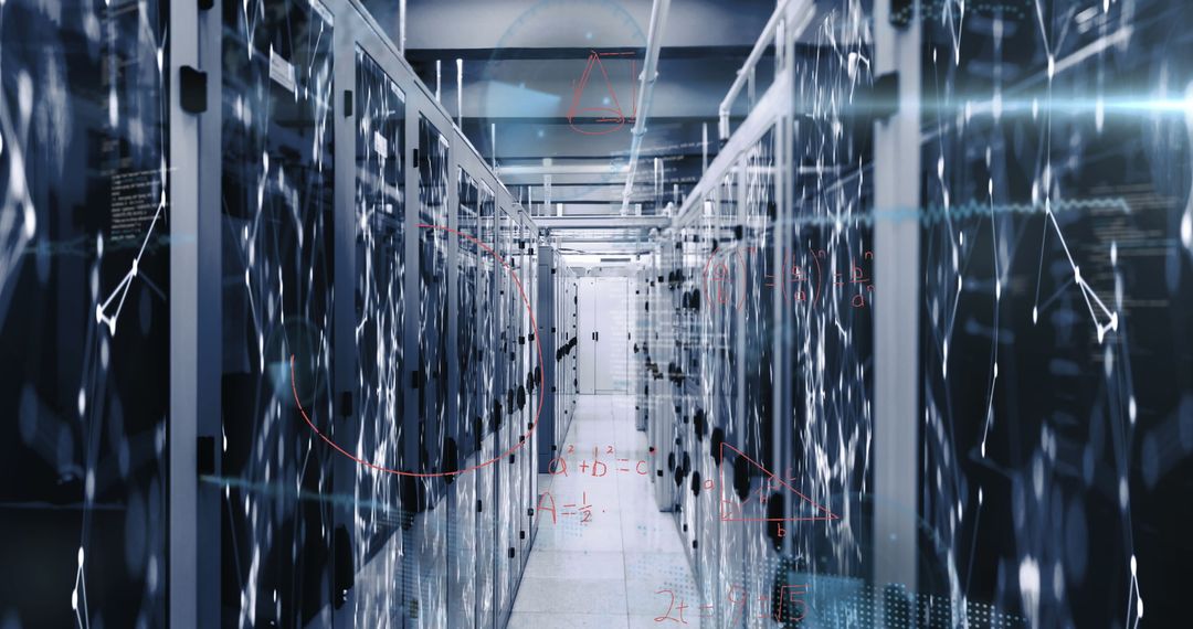 Futuristic Server Room with Overlayed Mathematical Equations