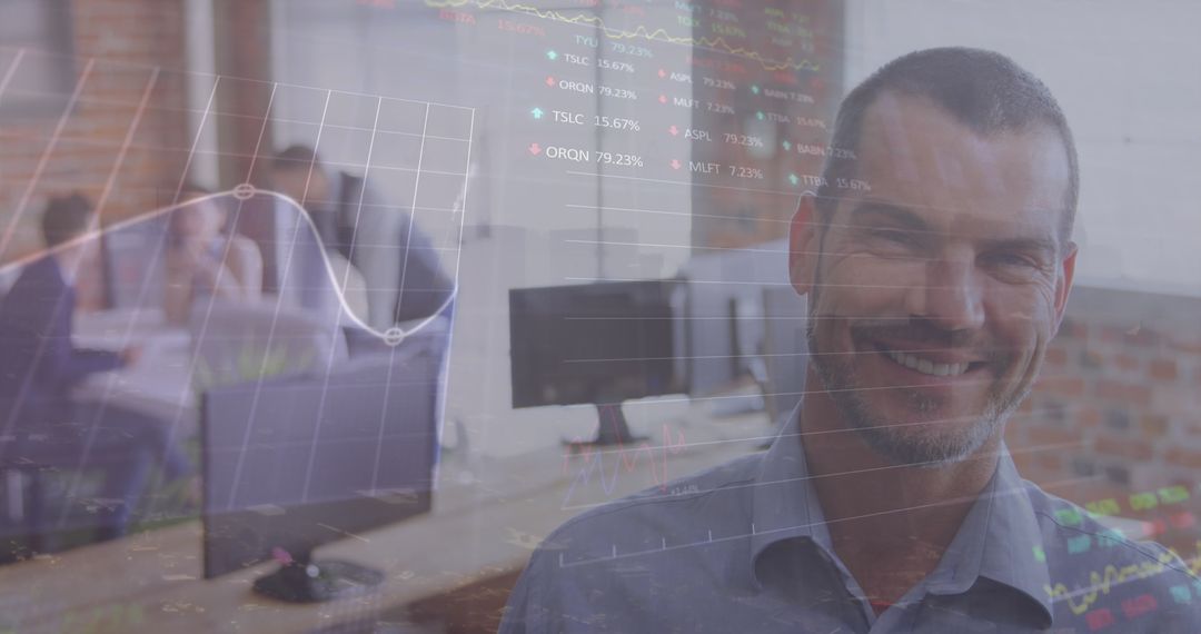 Businessman Smiling with Stock Market Data Overlay in Modern Office