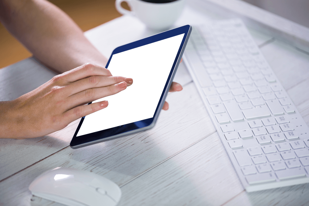 Caucasian Woman Using Tablet with Transparent Screen at Workspace