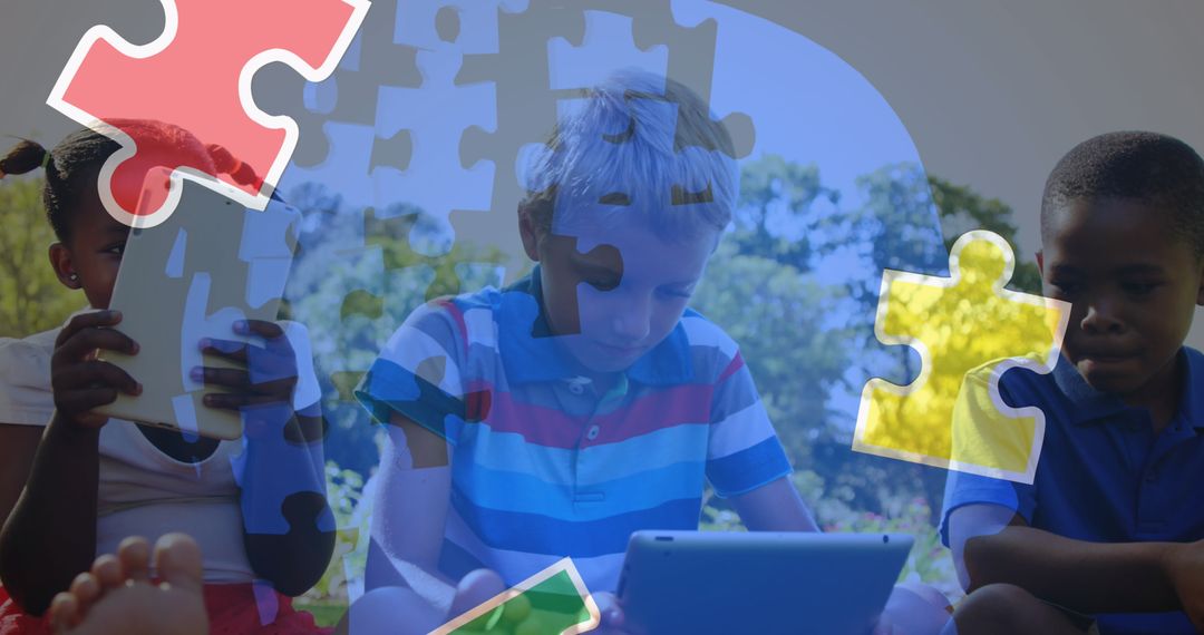 Children Using Tablets with Autism Awareness Concept Imagery
