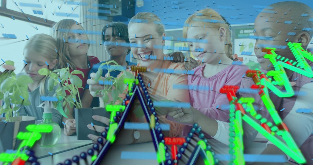 Teacher guiding students inspecting seedlings with augmented reality visualization