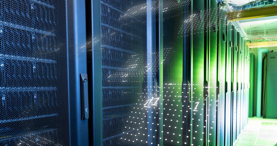 Server Room with Digital Binary Data Overlay