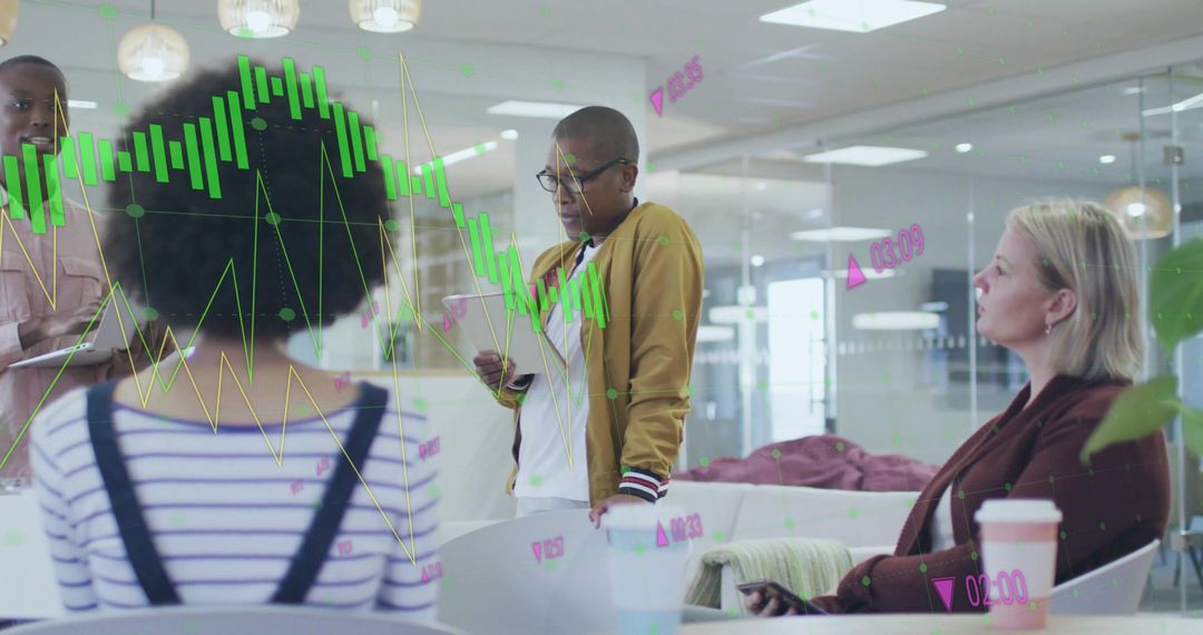 Diverse Team Strategizing in Modern Office with Digital Analytics Overlay