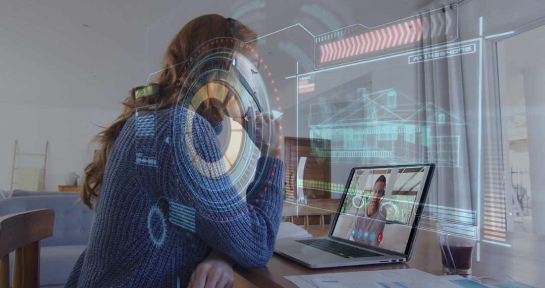 Woman Engaging in Virtual Communication with Futuristic Interface Elements