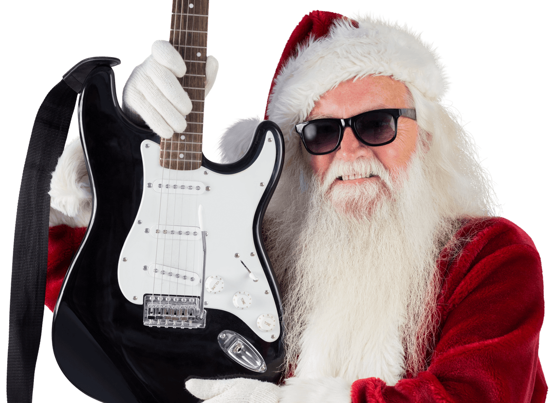 Transparent Santa Claus Holding Guitar in Festive Cheer