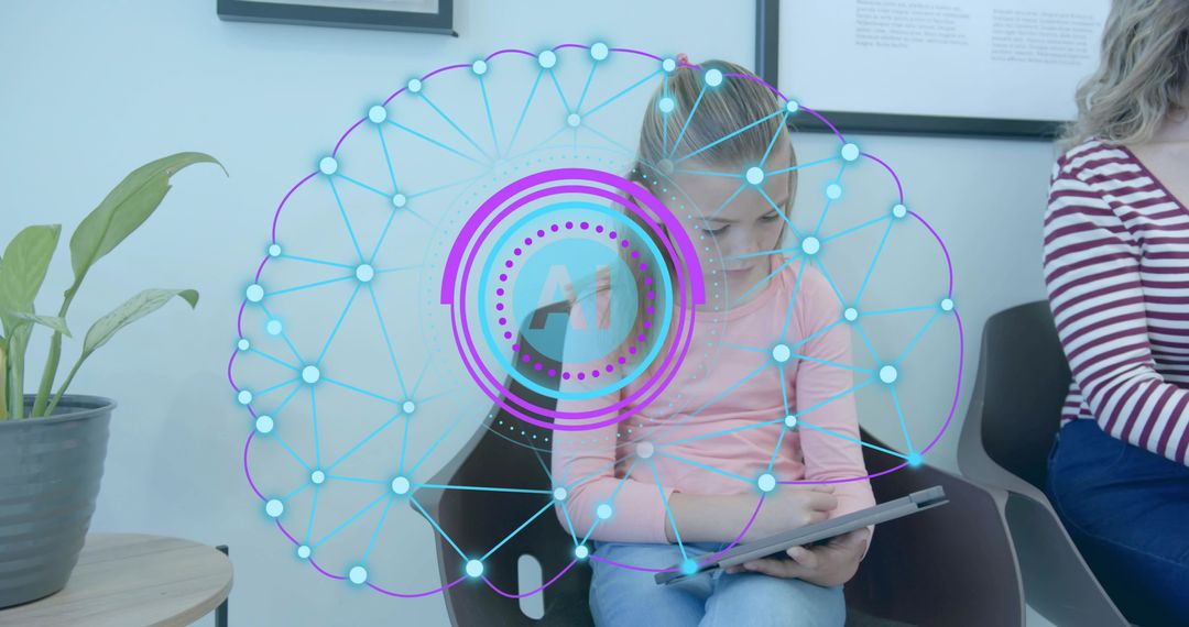 Young girl using tablet with AI network overlay in waiting room for digital learning