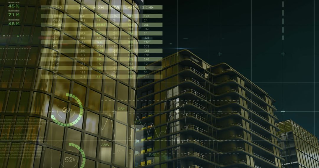 Futuristic Financial Data Overlapping Modern Skyscrapers