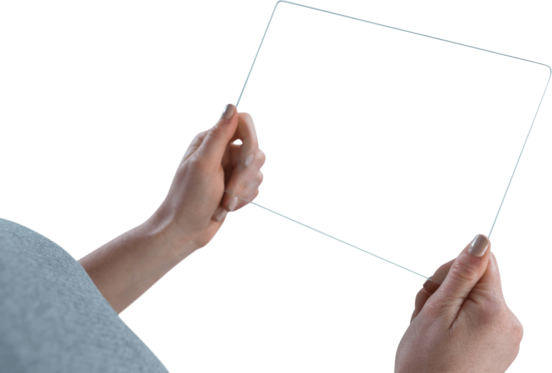 Hands Holding Transparent Tablet with Blank Screen Mockup