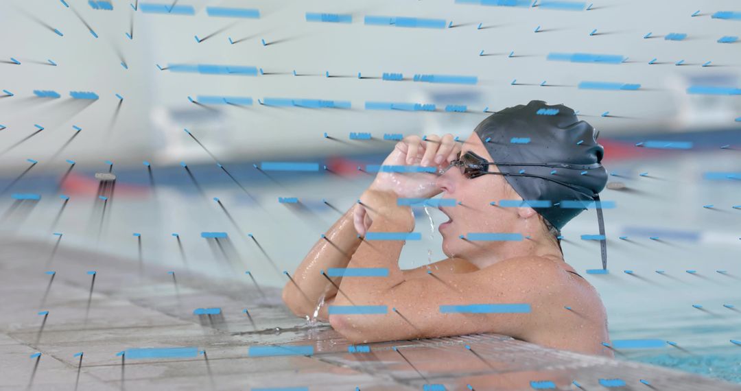 Mature Female Swimmer Resting at Pool Edge After Lap Pinching Nose Wearing Cap and Goggles