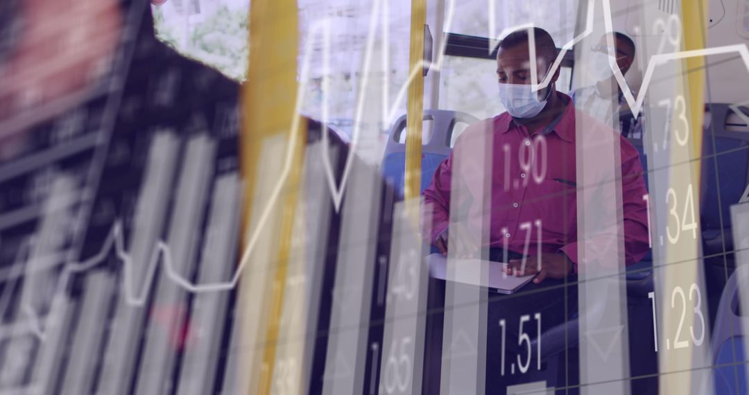 Businessman on Bus Analyzing Digital Financial Data Concept