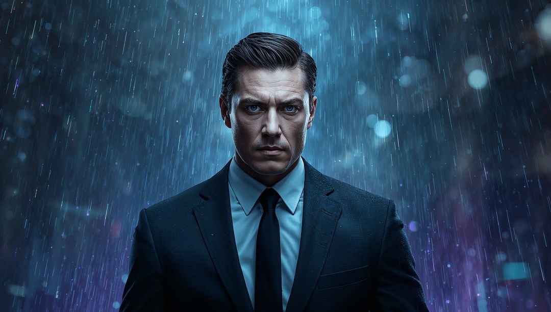 Noir urban portrait determined man in suit standing in pouring rain with cinematic bokeh