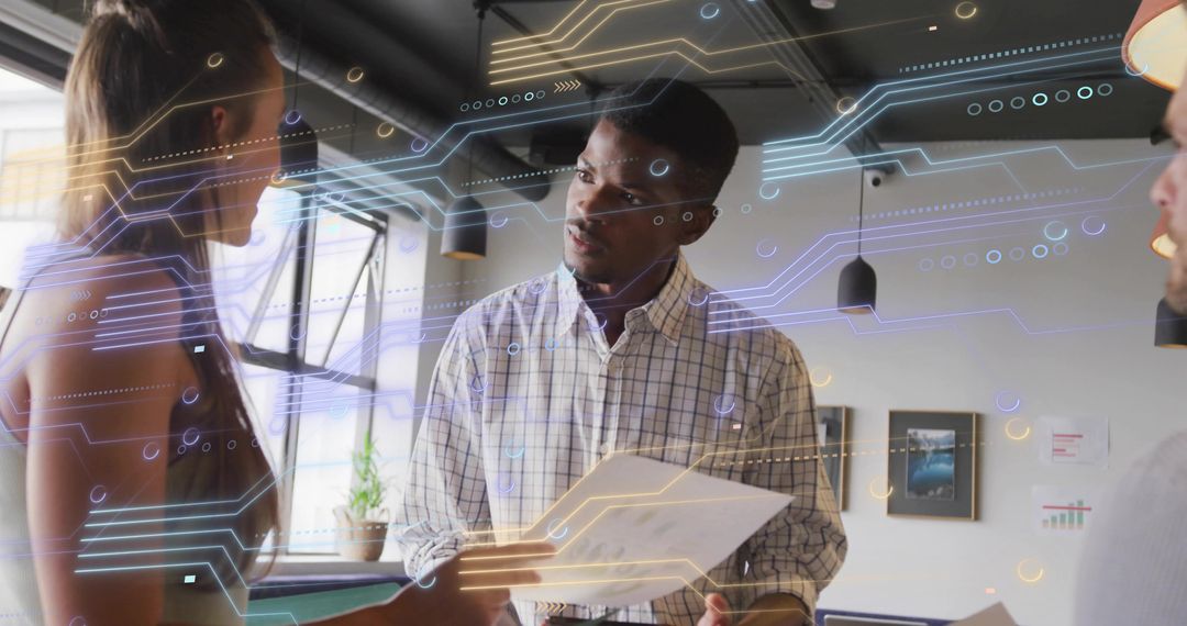Tech Team Discussion with Digital Circuit Overlay in Modern Office