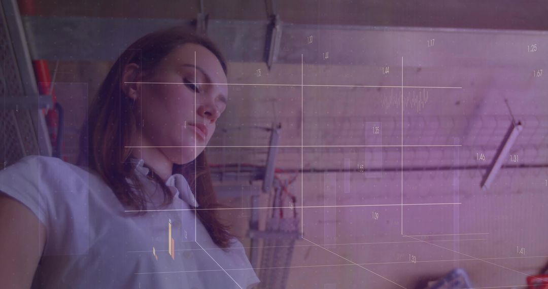 Woman in Industrial Setting with Futuristic Grid Overlay