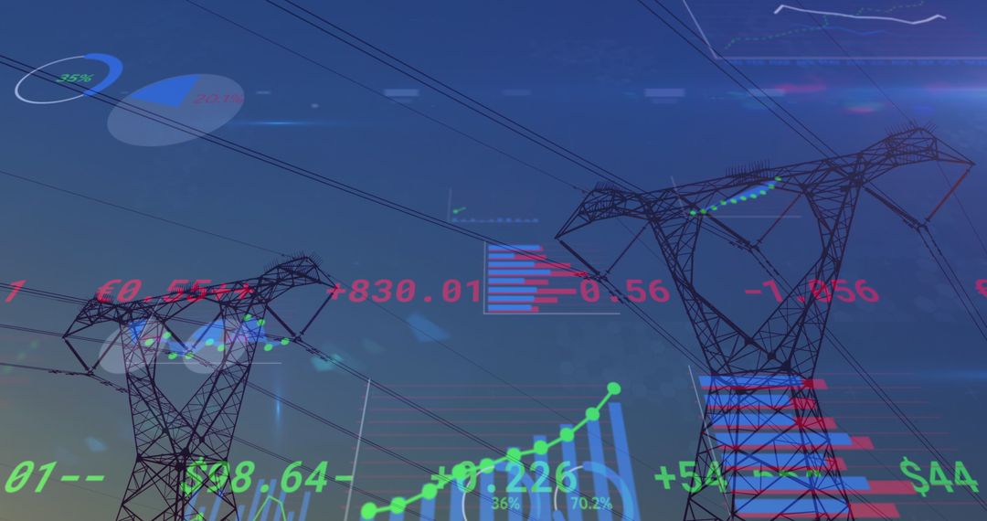 High Voltage Towers with Financial Data Overlay Against Sky