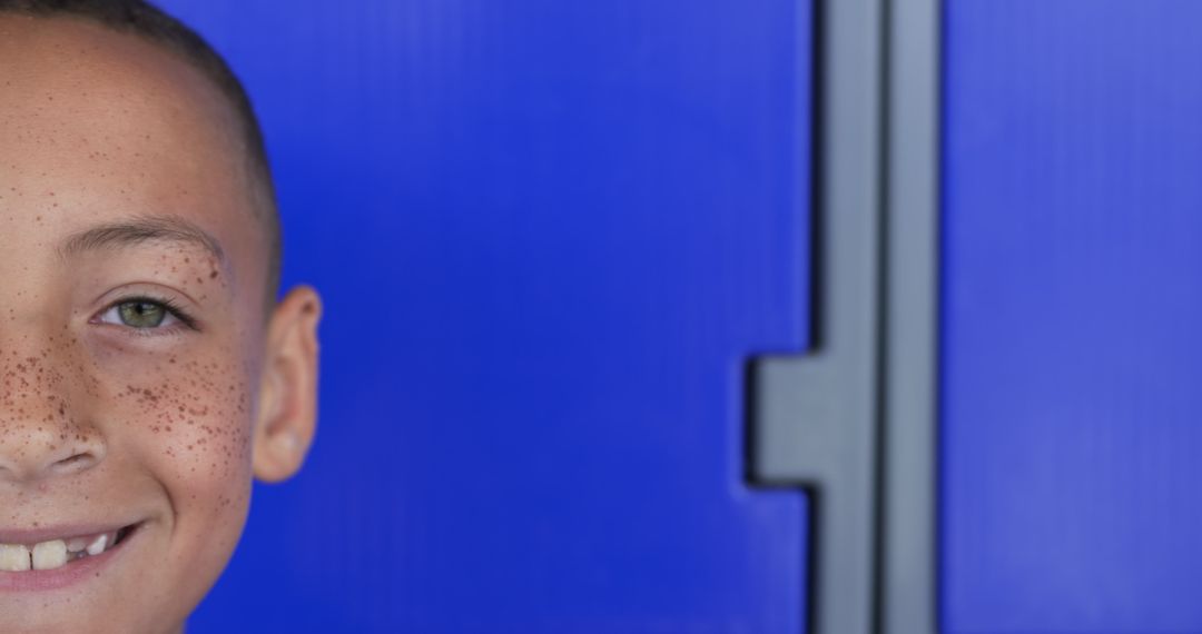 Smiling Biracial Boy with Freckles, Blue Background, Cheerful Mood