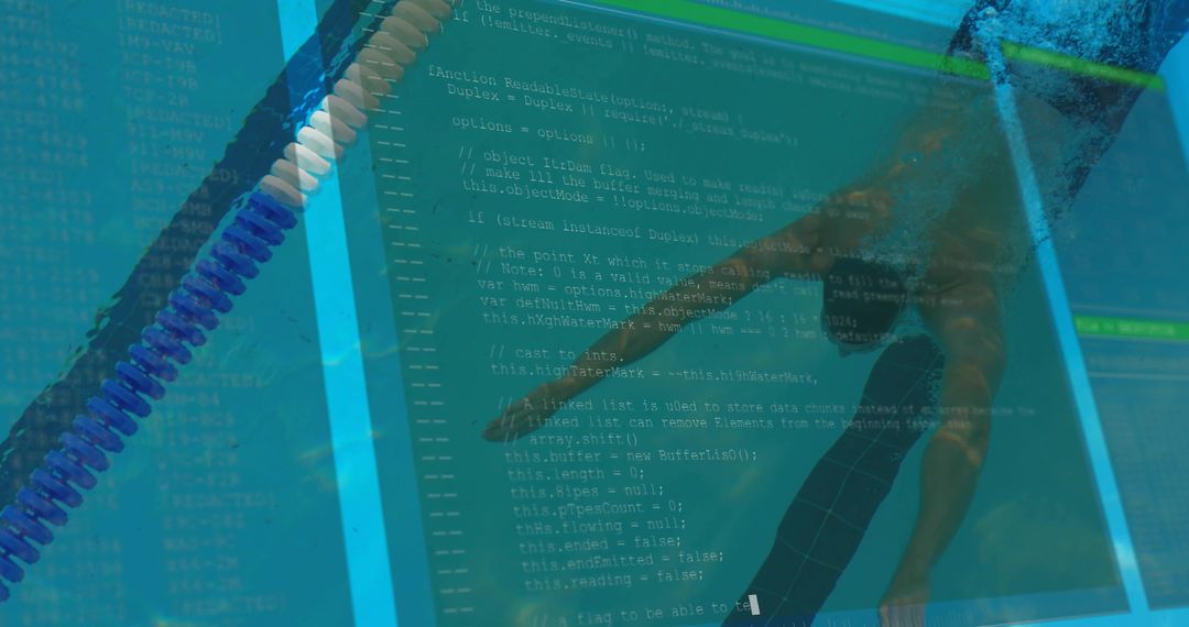 Male swimmer gliding underwater with holographic code overlay digital technology