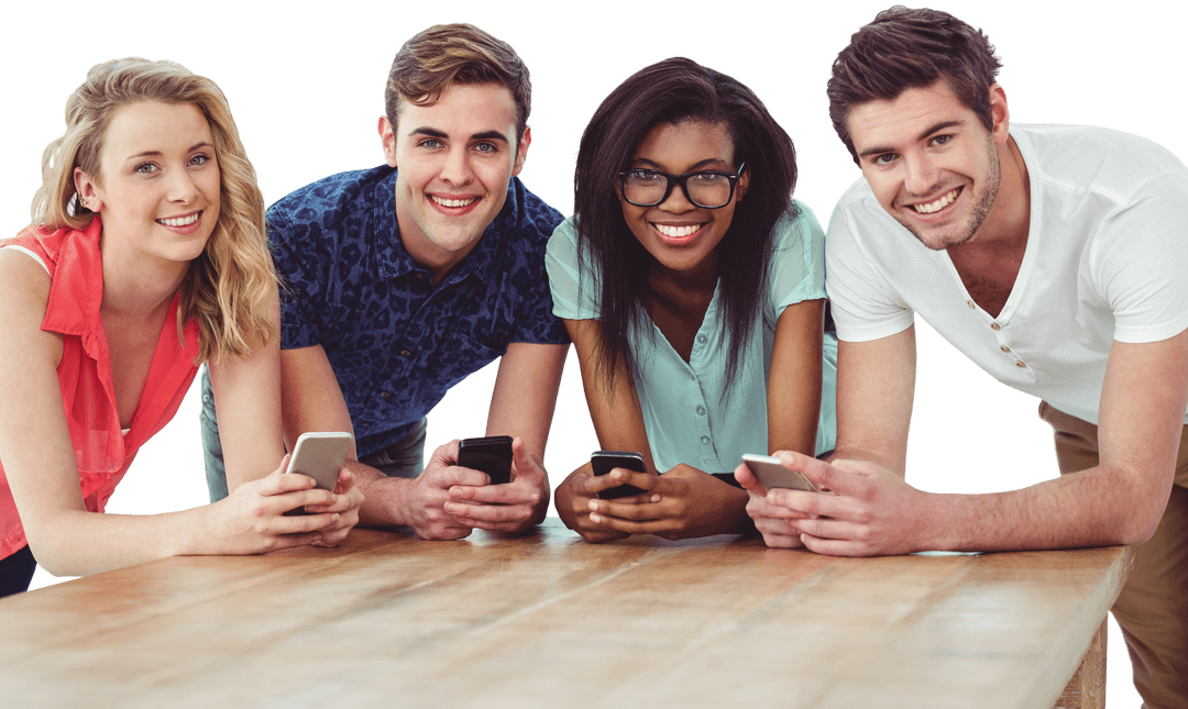 Diverse Team Collaborating Using Smartphones, Transparent Background