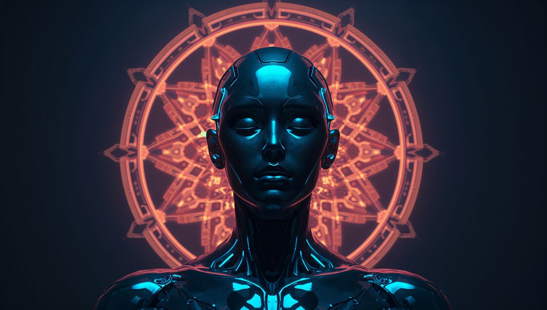 Futuristic Metallic Android with Glowing Mandala Circle