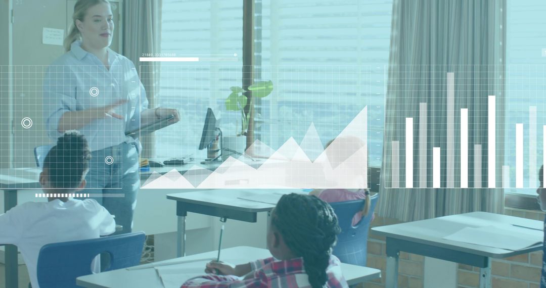 Teacher presenting data to elementary classroom using tablet and interactive charts overlay