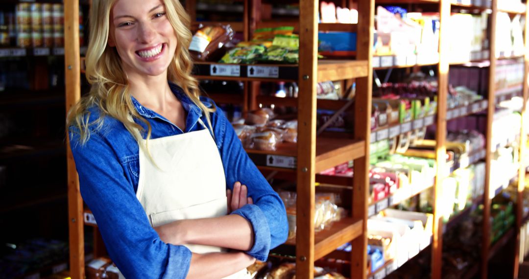 Smiling Shopkeeper Wearing Apron in Organic Grocery Store - Free Images, Stock Photos and Pictures on Pikwizard.com