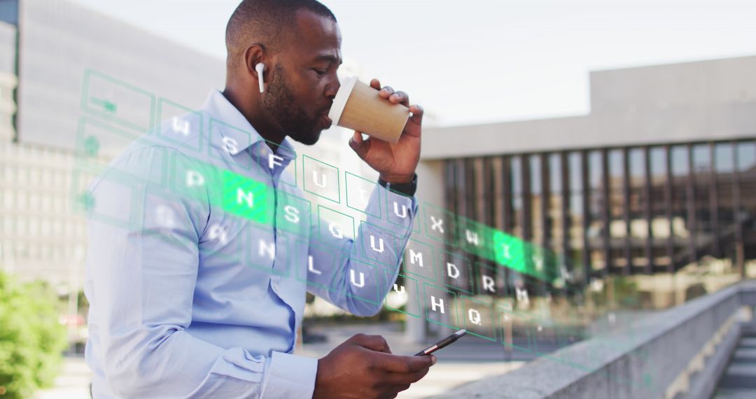 Businessman Drinking Coffee Analyzing Data on Smartphone