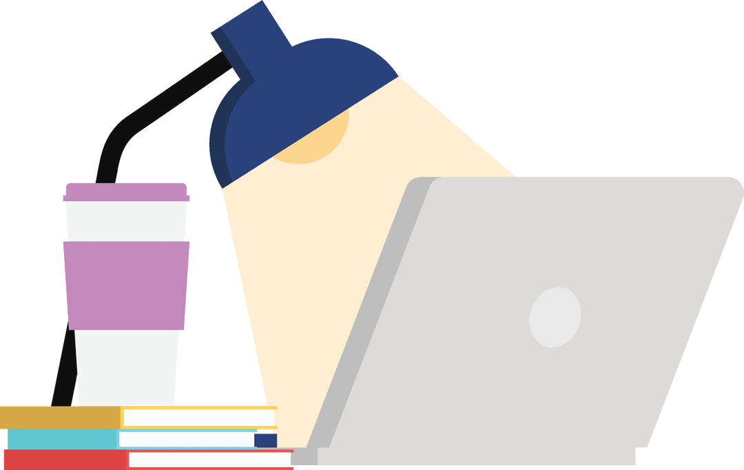 Laptop Books Lamp and Cup on Transparent Background