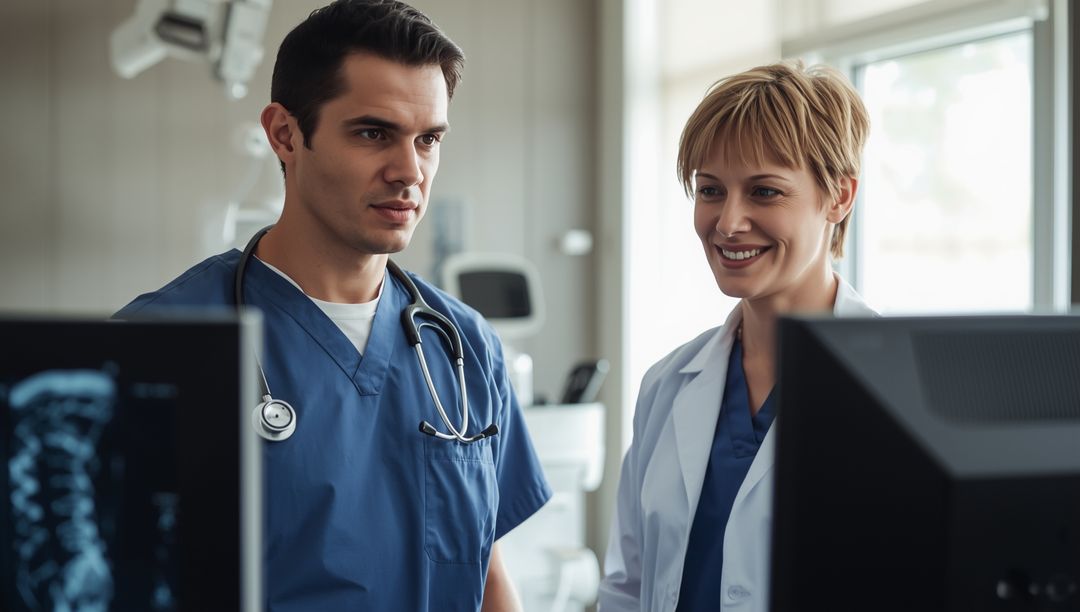 Medical Professionals Reviewing Spinal Scan with Advanced Technology