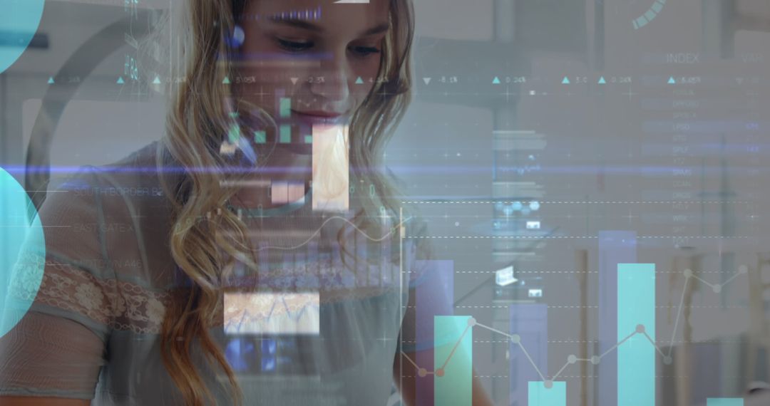 Woman Analyzing Data on Smartphone with Graphs Overlay