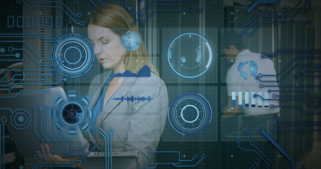 Businesswoman Analyzing Futuristic Data Interface in High-Tech Office