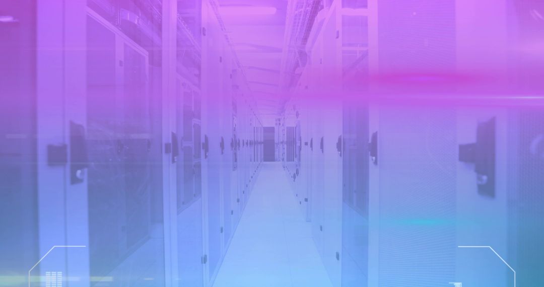 Futuristic Data Center Aisle with Symmetrical Server Racks and Neon Gradient Lighting