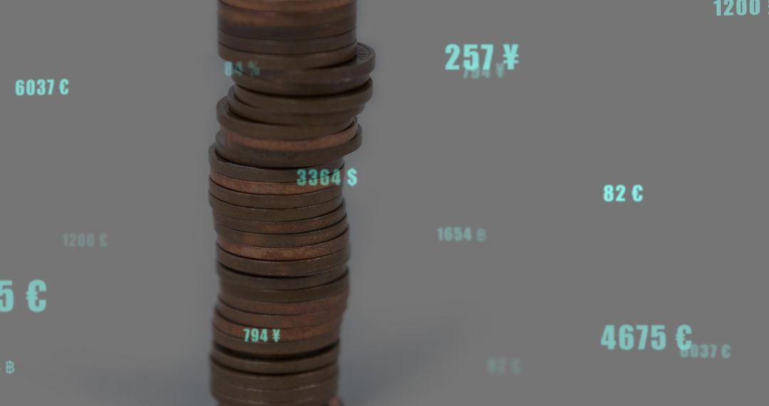 Stacked Copper Coins with Floating Currency Figures for Finance and Data Visualization