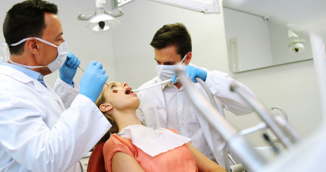 Dentists Treating Female Patient in Modern Dental Office - Free Images, Stock Photos and Pictures on Pikwizard.com