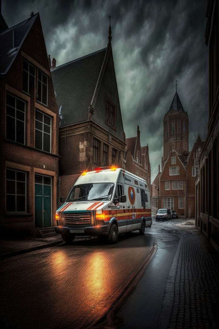Ambulance in city street with clouded sky, created using generative ai technology - Free Images, Stock Photos and Pictures on Pikwizard.com