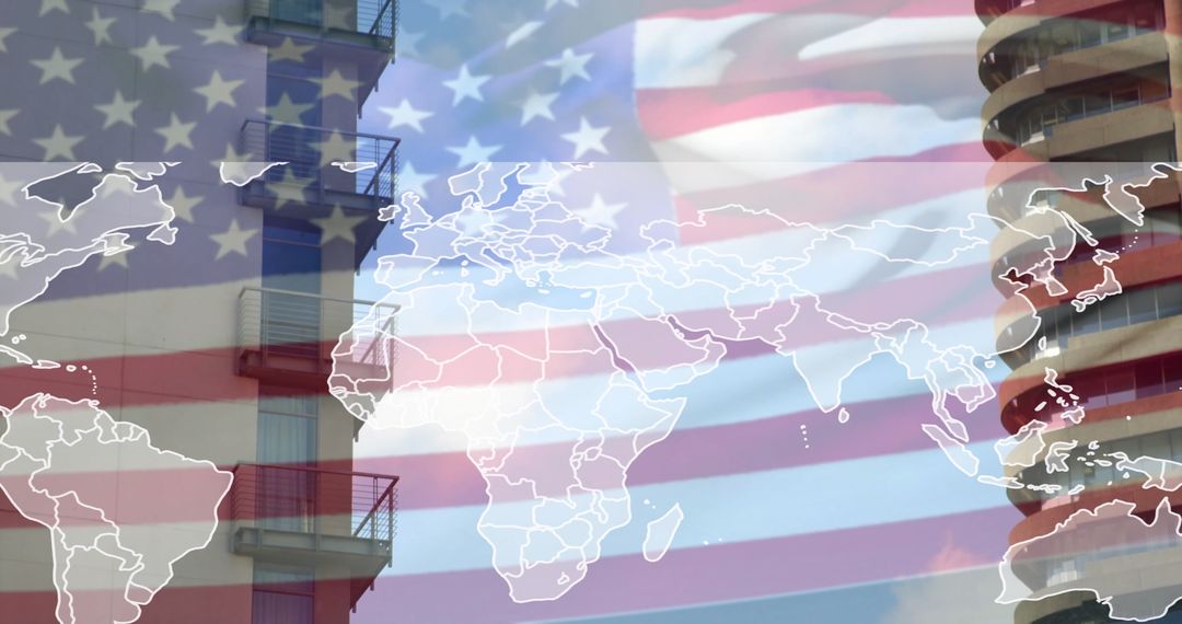 American Flag Overlapped on Urban Cityscape with World Map Silhouette