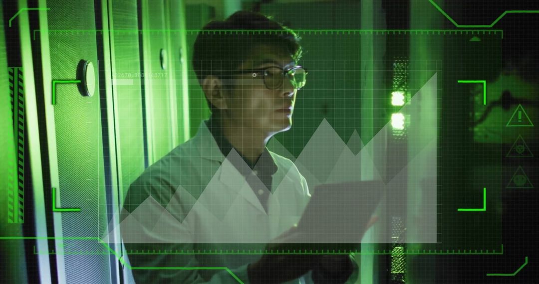 Asian IT Technician Analyzing Data Among Servers