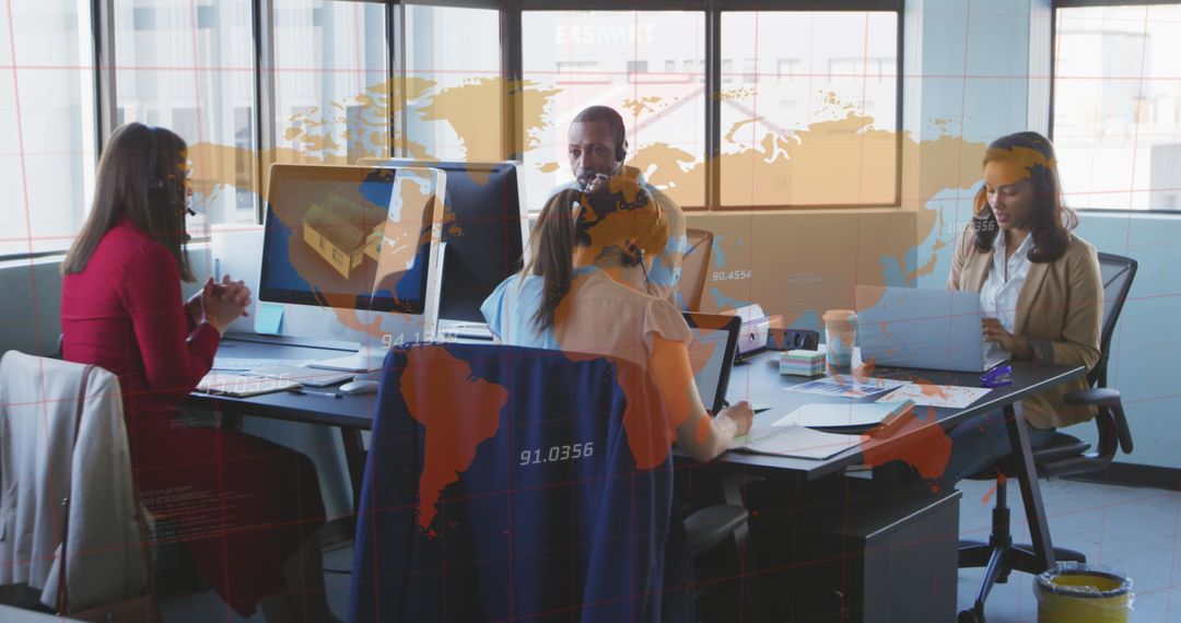 Diverse Team Collaborating with Digital World Map Overlay