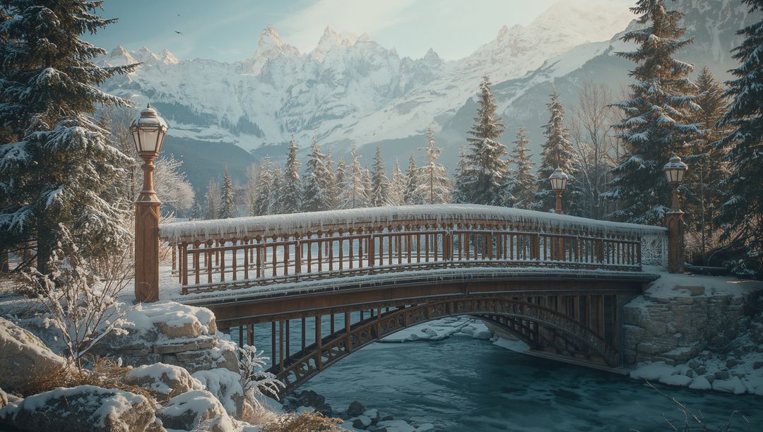 Snowy Mountain Bridge Over Frozen Stream with Winter Forest Landscape