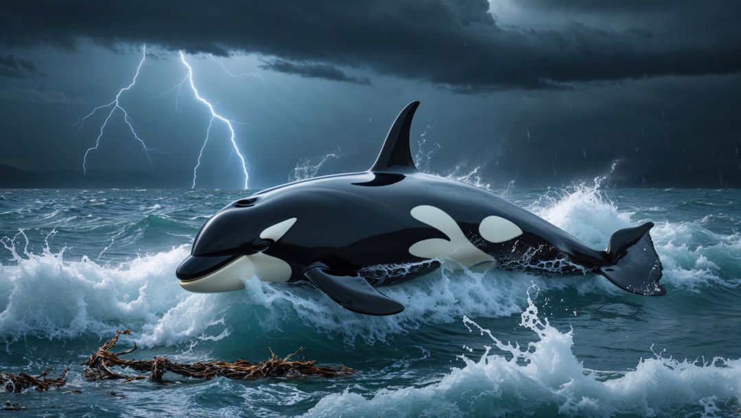 Orca Surging Through Stormy Seas Amid Lightning