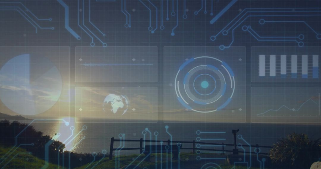 Coastal Tech Interface Merging Sunset Horizon with Circuit HUD Overlay and Wooden Bench