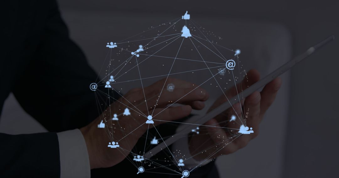 Global Networking: Hands Using Digital Tablet with Virtual Connections