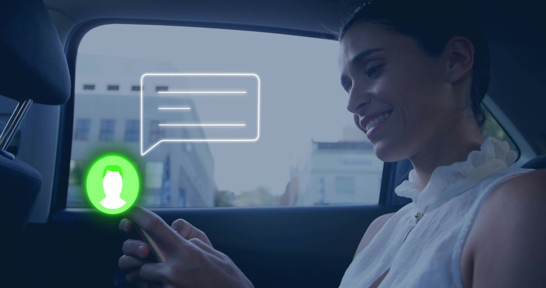 Smiling woman texting in back seat of car with chat overlay and urban window view