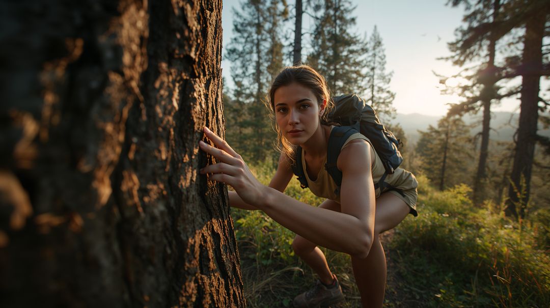 Female Hiker Crouching and Touching Pine Trunk in Mountain Forest at Golden Hour