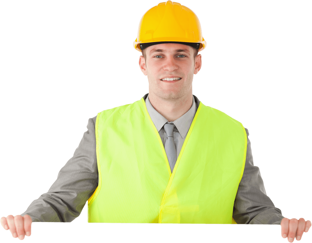 Construction Worker Holding Transparent Sign for Advertising