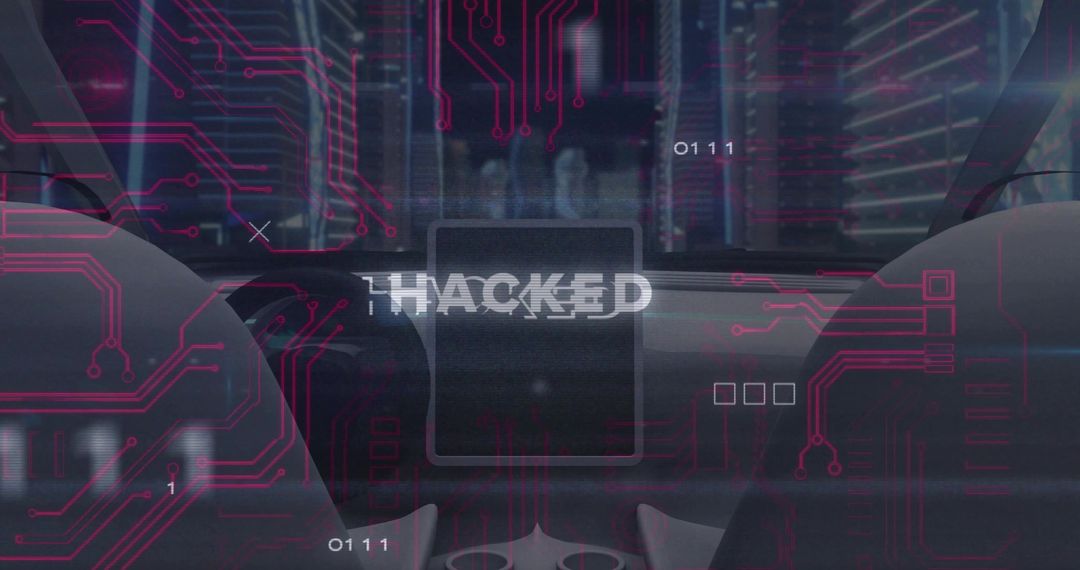 In-car Dashboard Flashing HACKED Warning with Neon Circuit Overlay Cyberpunk Intrusion
