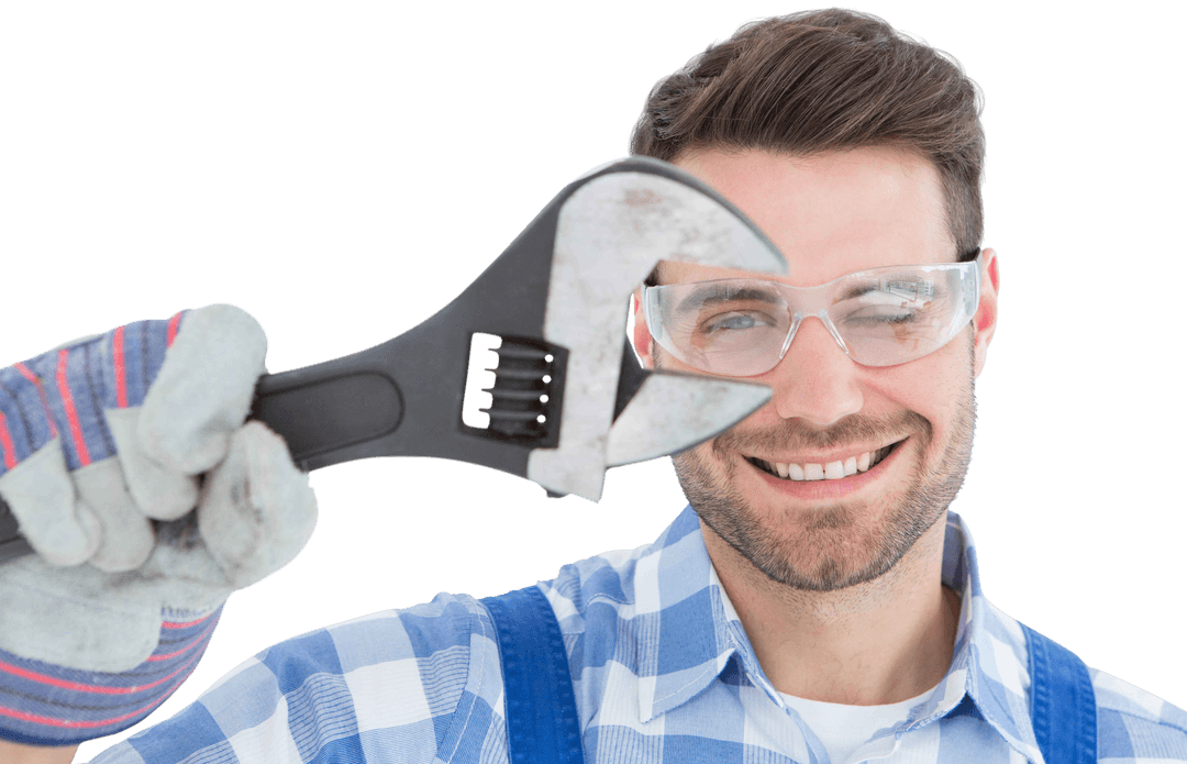 Transparent Confident Repairman with Wrench and Safety Gear