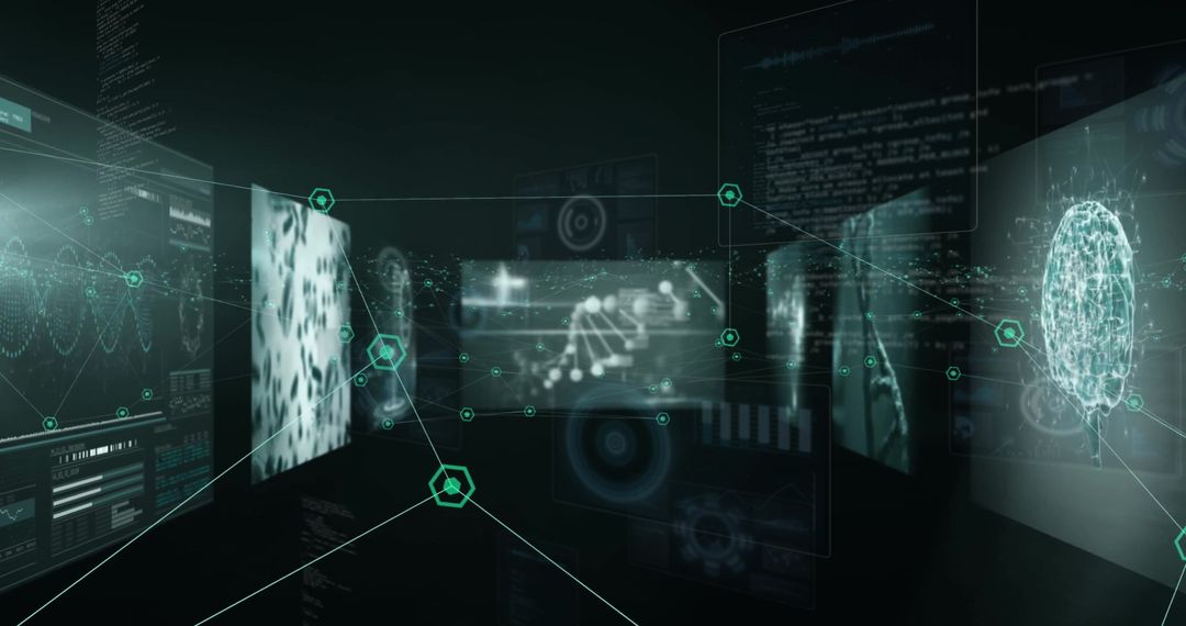 Futuristic Digital Network with Data Processing Screens