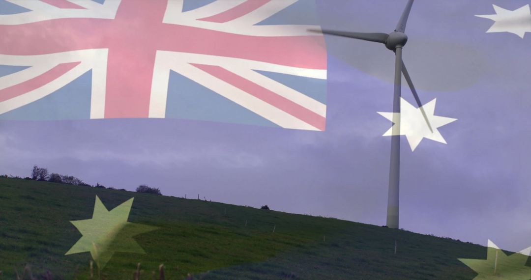 Wind Turbine and Australian Flag Symbolizing Renewable Energy