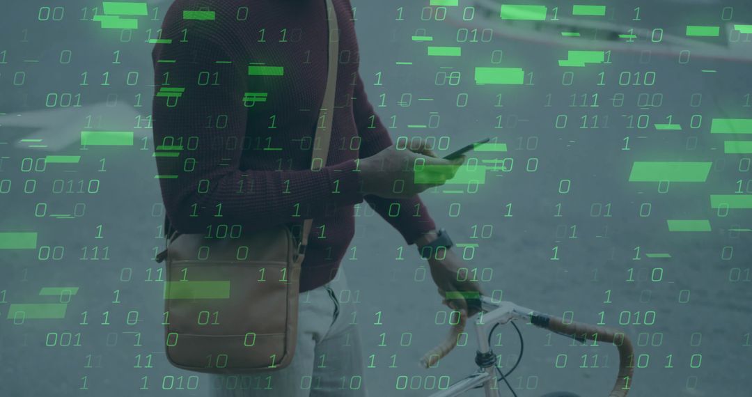 Man with Smartphone and Bike Amidst Digital Binary Overlay