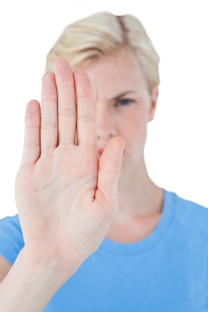 Woman Raising Hand in Stop Gesture on Transparent Background
