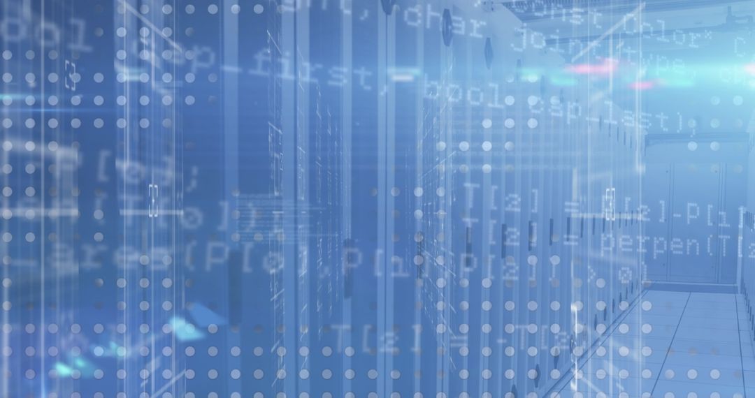 Futuristic Data Center with Digital Coding Overlay
